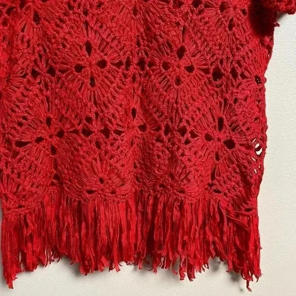 Chico’s Red Crochet Fringe Top Boho Festival Vacation Knit Blouse Size 0 Small - Picture 9 of 11
